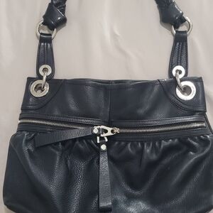 B. Makowsky Black Leather Shoulder Bag with Silver Accents